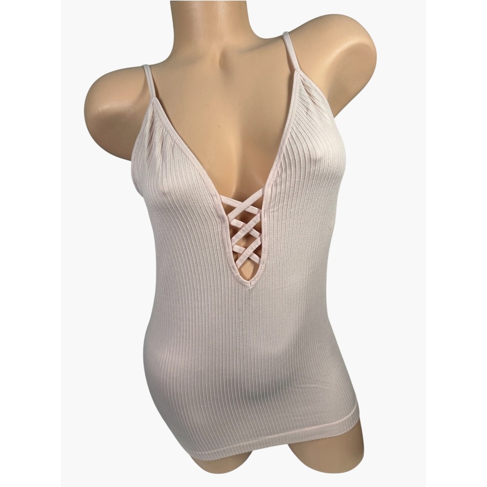 Y2K It's Large/XL Womens Tank Top Light Pink Low Cut V-neck Sexy Cami Ribbed